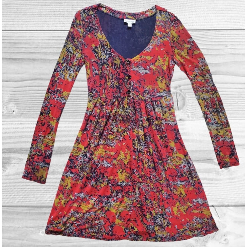 Anne Giorgio Dress Size Small Rayon Fall Red Gold‎ Long Sleeve Scoop Neck Drapey